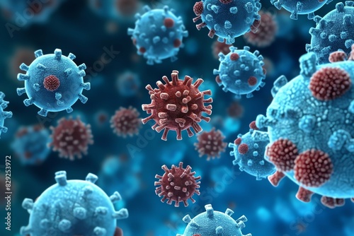 3D render of a medical with virus cells bacteria. Multiple realistic coronavirus particles floating