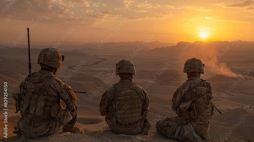 Several soldiers are seen from behind sitting on a rocky desert hill watching the sunset in a war zone. Several soldiers are seen from behind sitting on a rocky desert hill watching the sunset in a war zone.