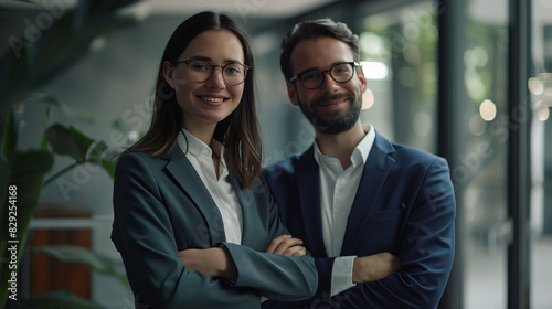 Two business partners have made a good deal. A young man and a woman with glasses are standing side by side with their arms crossed