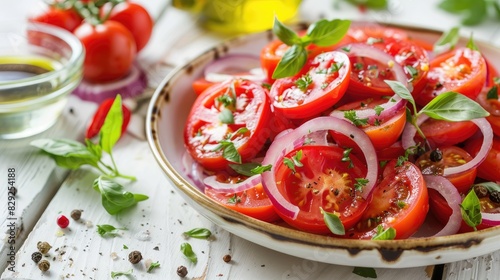 Refreshing summer tomato salad with onions herbs and olive oil on a white wooden table