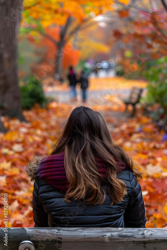 Young woman sitting alone on park bench, envious gaze towards distant happy couple holding hands in autumn scenery