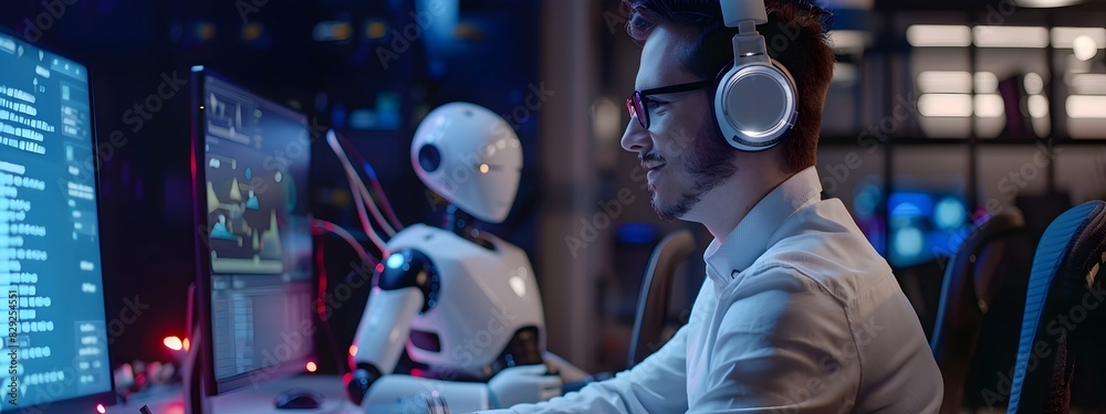 Focused Artificial Intelligence Engineer Working in Futuristic Workspace with Advanced Digital Interfaces Focused Artificial Intelligence Engineer Working in Futuristic Workspace with Advanced Digital Interfaces