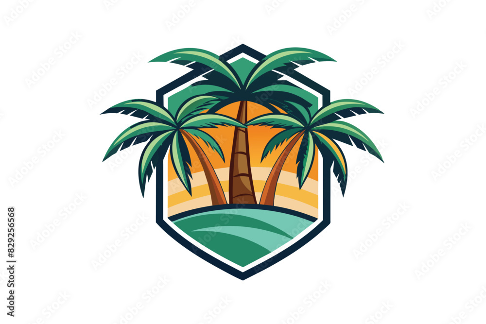 Sunset Estate Logo holiday beach with tree palm and  vector illustration 