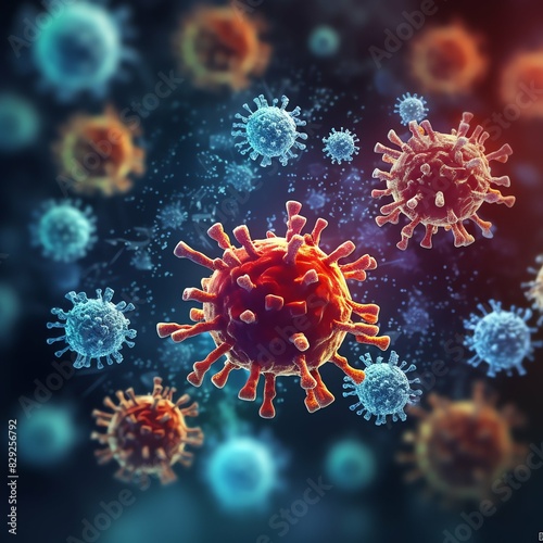 3D render of a medical with virus cells bacteria. Multiple realistic coronavirus particles floating © Creative AI