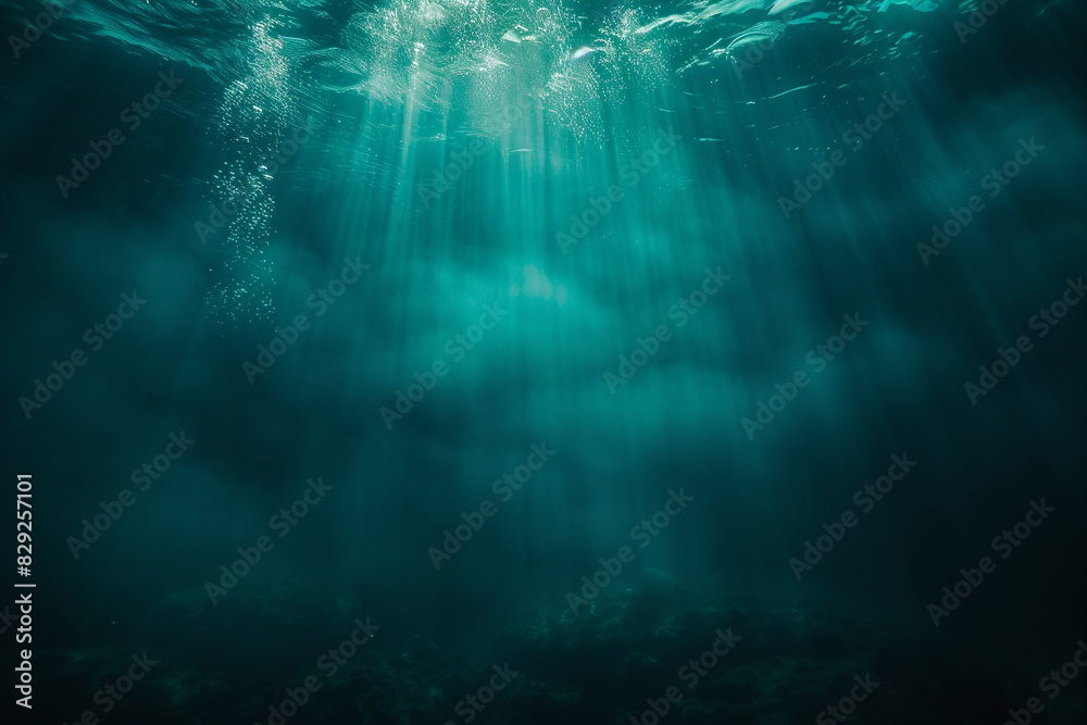 Fototapeta premium Tranquil teal blurred backdrop suitable for underwater research presentations.