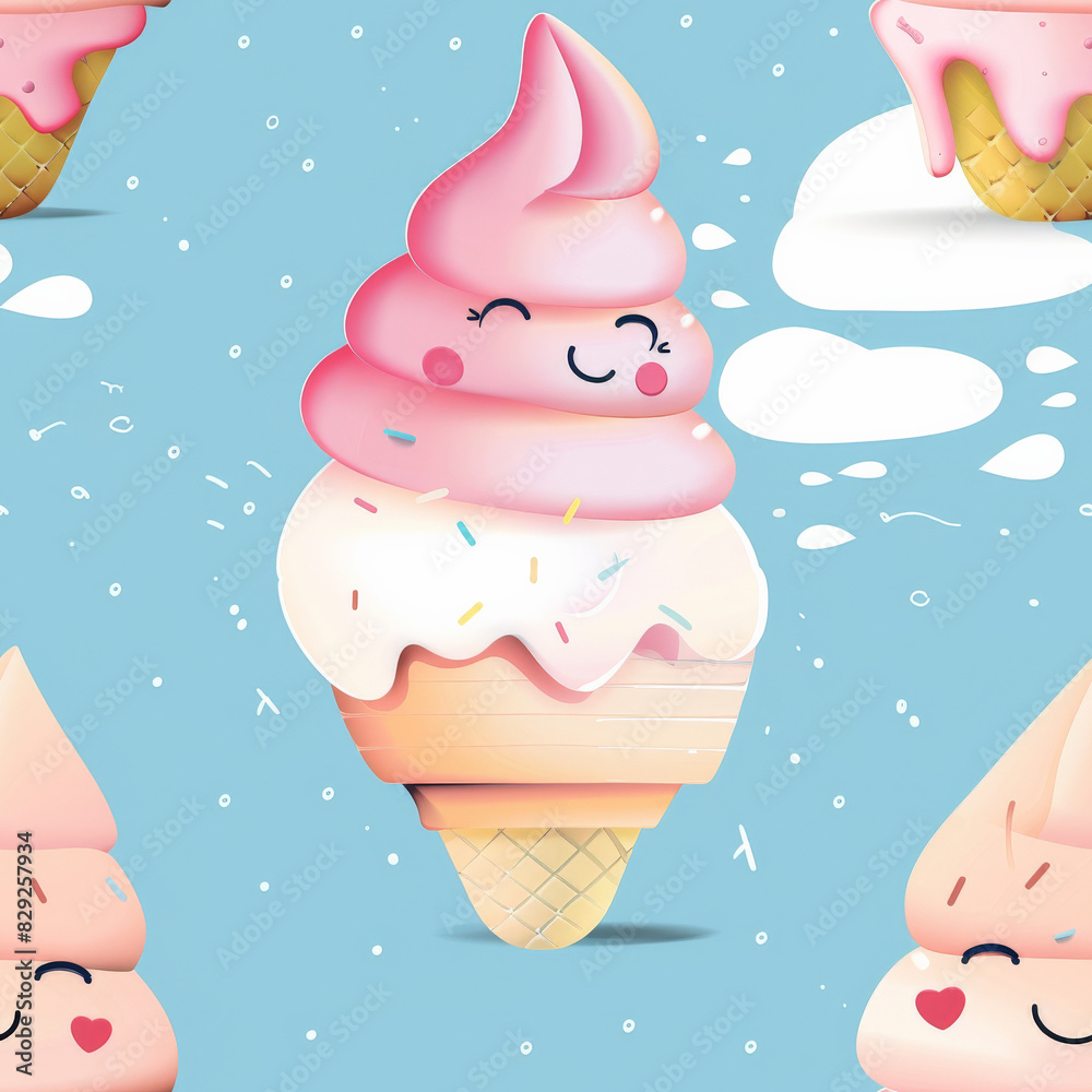A seamless pop art illustration of a happy ice cream cone, pastel colors, clean lines, dynamic pose, against a light blue background. Background includes small, playful doodles. Soft, even lighting A seamless pop art illustration of a happy ice cream cone, pastel colors, clean lines, dynamic pose, against a light blue background. Background includes small, playful doodles. Soft, even lighting