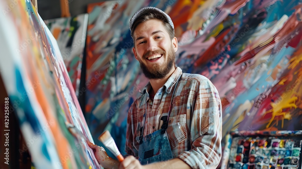 Joyful Young Painter Immersed in Creative Process at Vibrant Art Studio