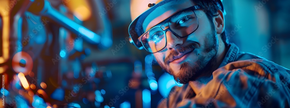 Portrait of a Happy Young Welder in Protective Gear Working on a Metal Fabrication Project Portrait of a Happy Young Welder in Protective Gear Working on a Metal Fabrication Project