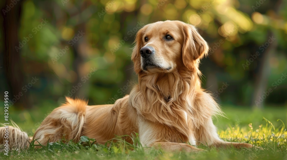 Attractive Golden Retriever in a park positioned on the grass