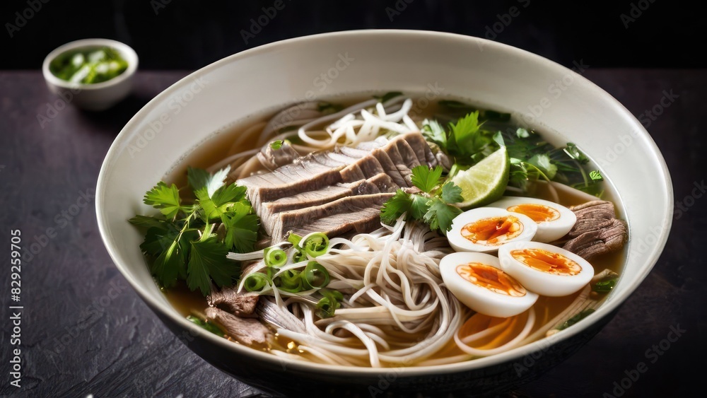 Savoring the Essence of Beef Pho - A High-Resolution Image Showcasing a Delicious Bowl Garnished with Fresh Ingredients Savoring the Essence of Beef Pho - A High-Resolution Image Showcasing a Delicious Bowl Garnished with Fresh Ingredients