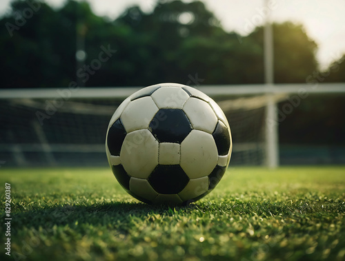 A soccer ball is on the grass. Bathed in soft light  football sports and exercise concept.