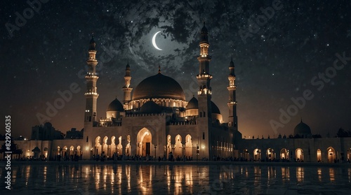 beautiful mosque with many domes and minarets, lit up against a night sky.