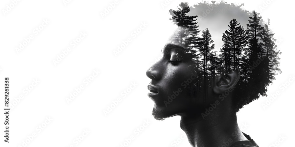 black and white portrait of a peaceful African American man with closed eyes and a spruce forest, double exposure, on a white background, noir