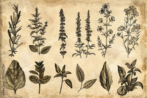 A botanical illustration of various herbs, neatly labeled, Vintage, Sepia tones, High detail photo