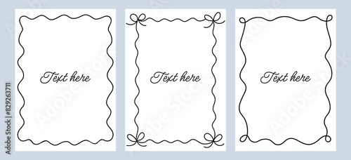 Set wavy frames template with space for text. Hand drawn black frames with cute bow isolated on background. Horizontal square wave border frame card.