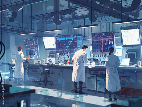 A modern laboratory with scientists in white coats conducting research, using advanced equipment and analyzing data on large screens, cartoon style