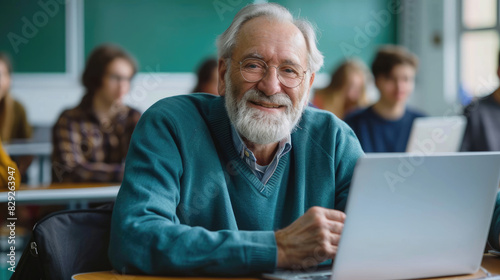 Senior man sitting in the classroom with laptop
