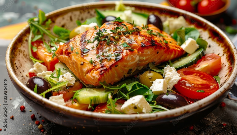 Grilled salmon fillet and fresh vegetable salad with tomato olives lettuce and feta cheese Mediterranean keto food