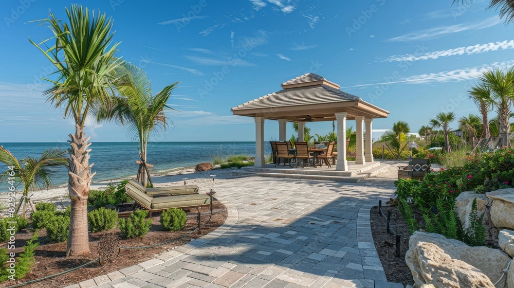 Fototapeta premium A beachfront property with a seaside gazebo and outdoor dining area