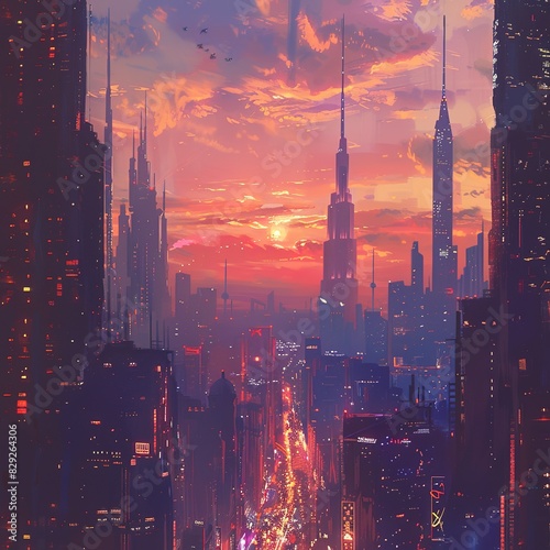 Illustrate a bustling cityscape at sunset, with towering skyscrapers casting long shadows and a vibrant marketplace near the bazaar, Generate AI.