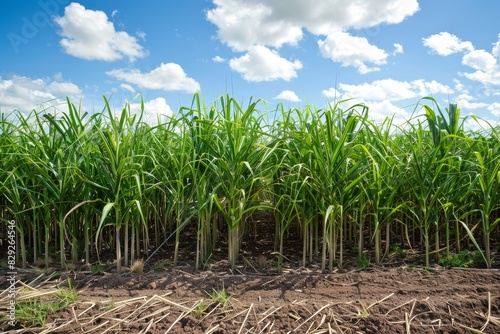 Growing sugarcane plants in field