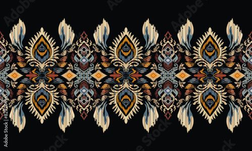 Hand draw African Ikat floral paisley embroidery.geometric ethnic oriental pattern traditional.Aztec style abstract vector illustration.black background.great for textiles, banners, wallpapers.