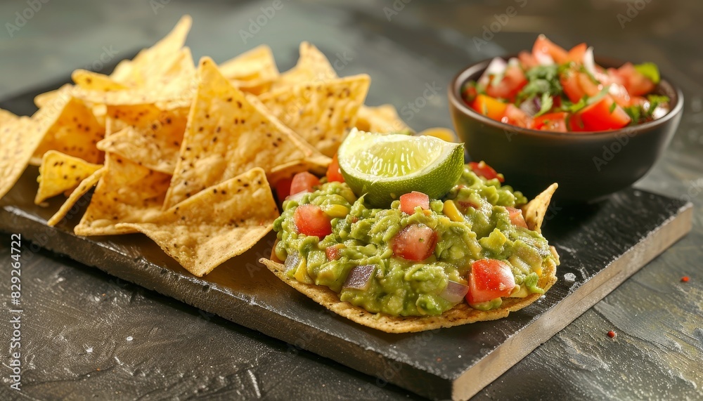 Guacamole served with chips on black board Guacamole served with chips on black board