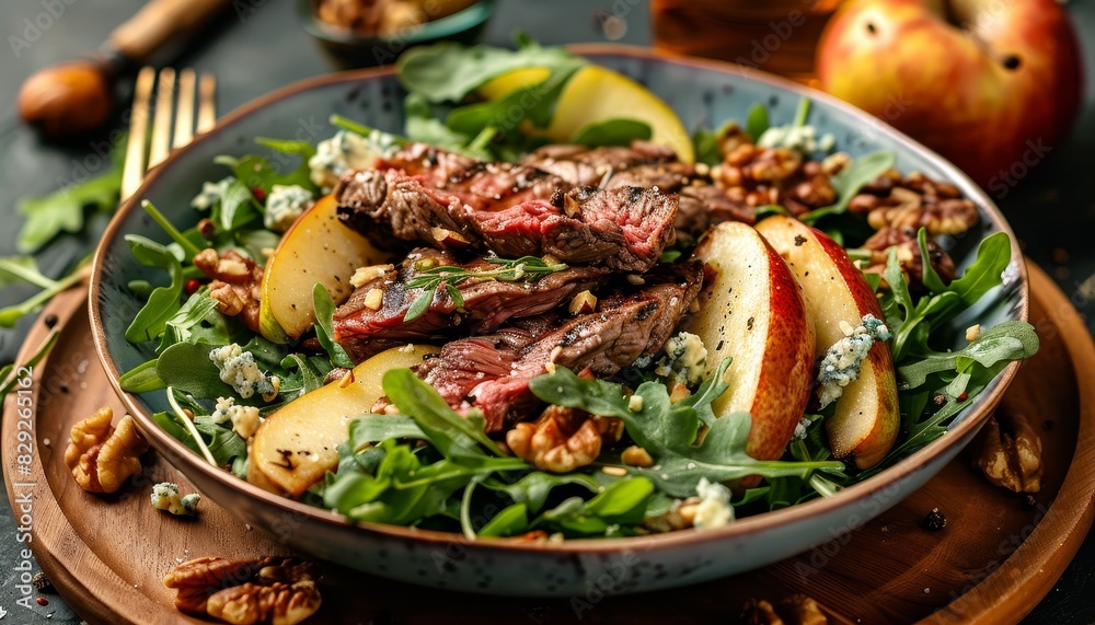 Healthy grilled beef salad with pears walnuts greens and blue cheese sauce Healthy grilled beef salad with pears walnuts greens and blue cheese sauce