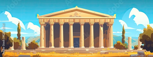 A building in the ancient Roman or ancient Greek style with columns stands surrounded by green trees. cartoon illustration.