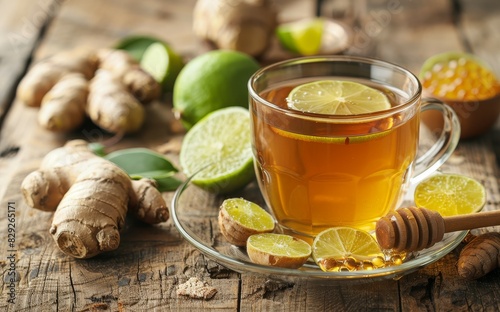 Healthy herbal drink Ginger tea with lime honey on wooden background