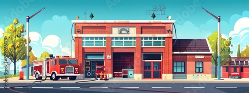 An urban landscape with a view of the fire station standing near the road. Cartoon illustration.