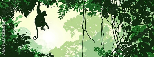 Silhouette illustration with monkey hanging on vines with jungle on the background.