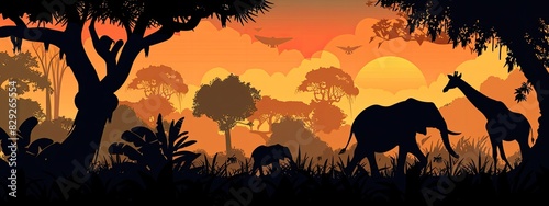 Jungle landscape with giraffe and elephant silhouettes. Silhouette illustration.