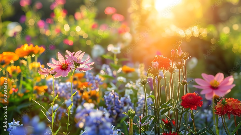 Sunlight shining on blooming flowers in spring garden