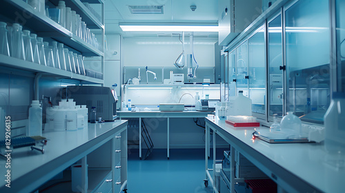 A sterile, white lab with a blue light overhead © JuroStock