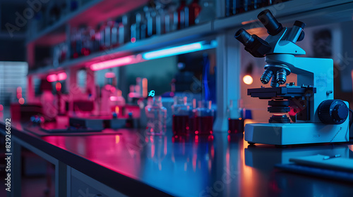 Wallpaper Mural A lab with a microscope on a table and a bottle of liquid next to it Torontodigital.ca