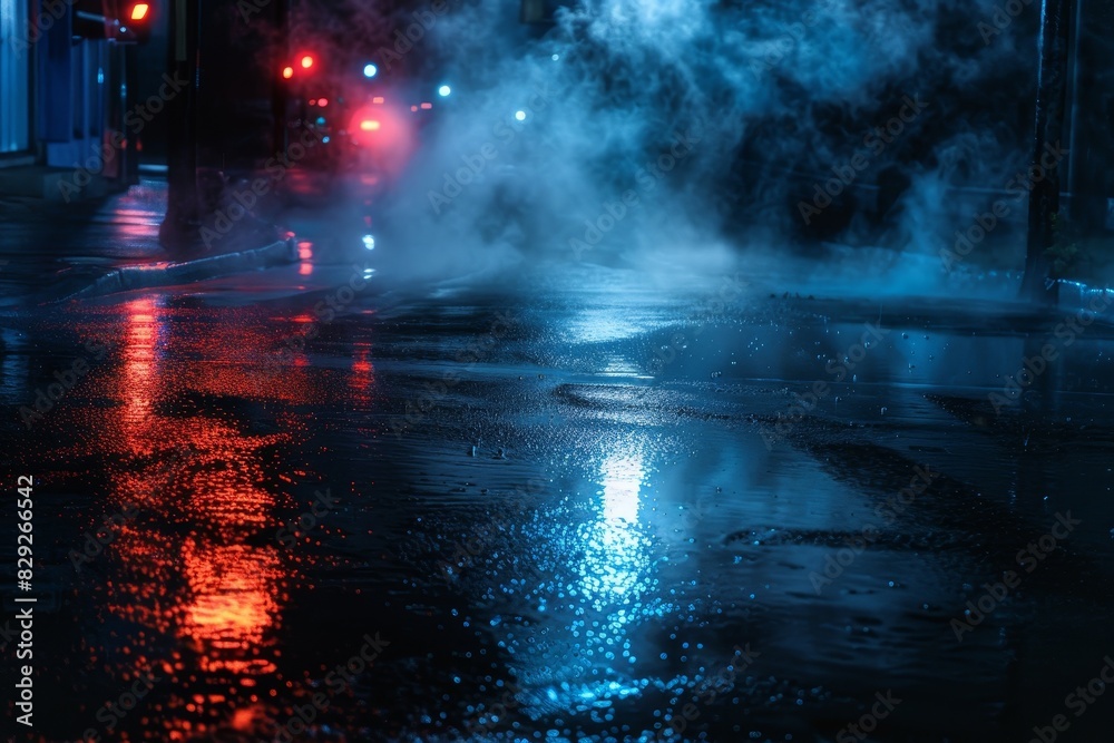 Neon lights reflect on wet asphalt searchlight cuts through smoke in dark empty street Night city scene with abstract light and smog