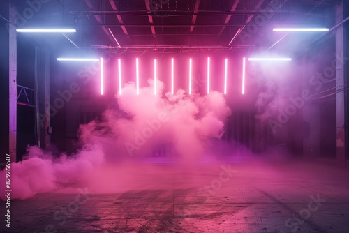 Neon lights and smoke in dark stadium arena spotlights on concrete studio floor products on display at night