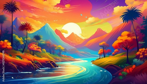 Colorful digital art of a mountain sunset over a river