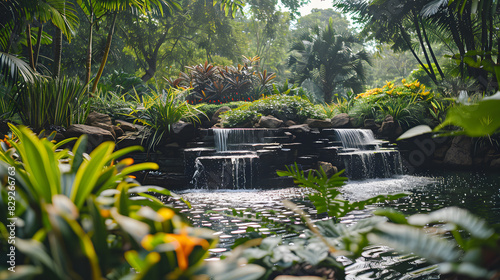 A lush green garden with a small waterfall and a pond full of lilies