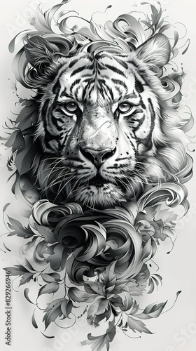 Original,The tattoo of tiger created by Baroque style, the tiger painted by Baroque leaves, black lines, white background, Zen painting effect in Illustrator painting, Generate AI.