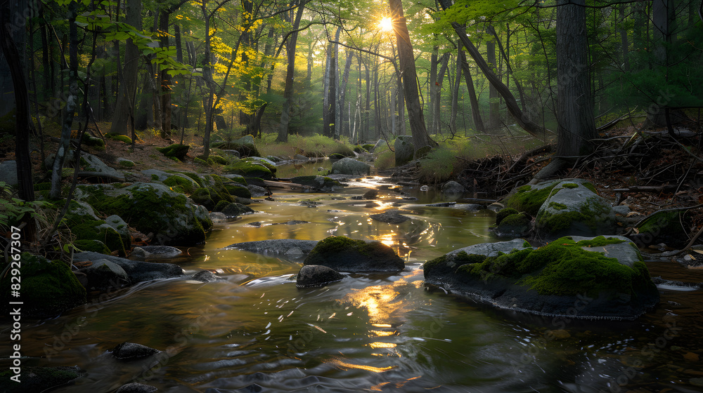A stream of water flows through a forest with moss growing on the rocks A stream of water flows through a forest with moss growing on the rocks