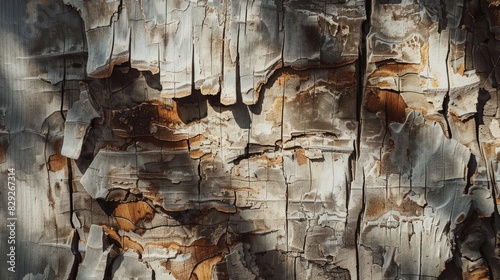 Texture and pattern of vintage distressed brown wood bark peeling under sunlight and shadow