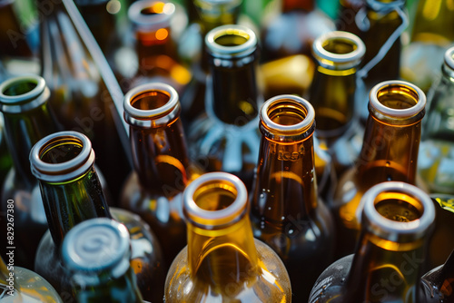 A bunch of empty beer bottles are piled up. The bottles are of different sizes and colors, with some being green and others brown. Concept of waste and excess photo