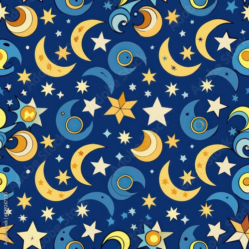 Seamless pattern of rounded lines with celestial motifs like stars and moons  perfect for a celestial-themed gift wrap  Generative AI