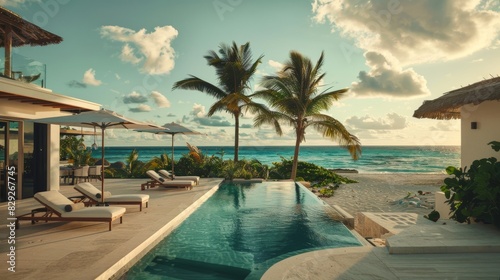 A beachfront retreat with a private pool and cabana overlooking the ocean