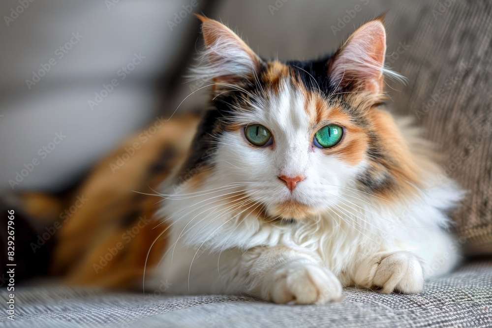 Old domestic cat with beautiful green eyes tri color hair resting on couch Old domestic cat with beautiful green eyes tri color hair resting on couch