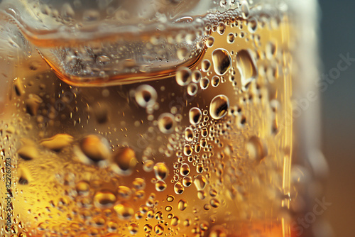 A glass of beer with a lot of condensation on the outside. The condensation are in the shape of bubbles and the beer is brown