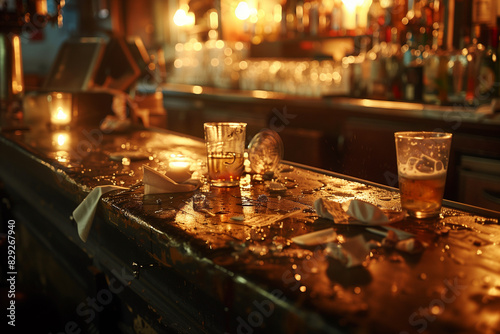 A bar counter with a glass of water and a few other glasses on it. The counter is wet and has ice cubes on it