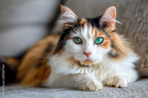 Old domestic cat with beautiful green eyes tri color hair resting on couch